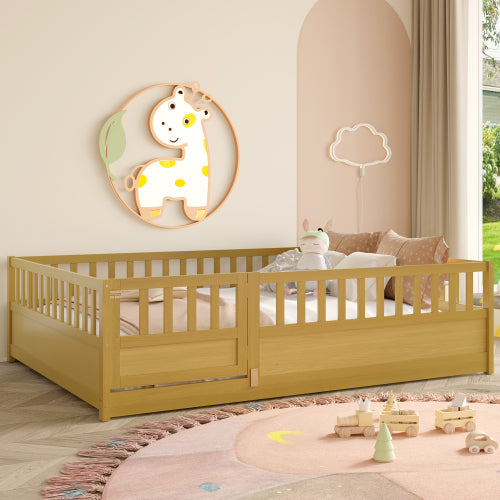Full Size Floor bed, integral construction with super high security barrier, door, children's floor bed frame, Montessori wooden children's floor bed, Support  slat Natural Wood