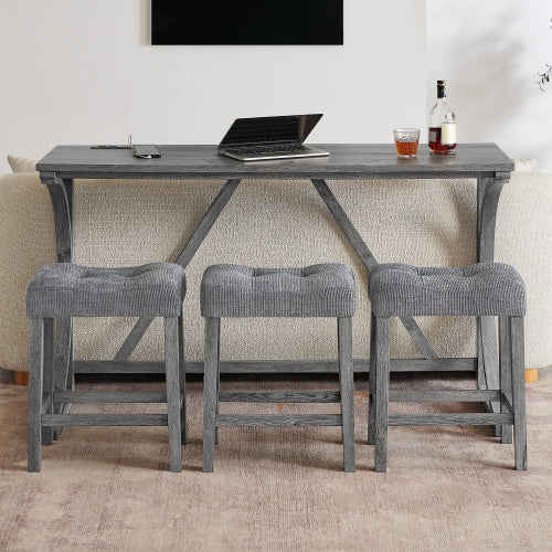 59 Inch Industrial Wood Bar Table Set with Charging Station, 4-Piece Brown Linen Upholstered Stools Dining Set