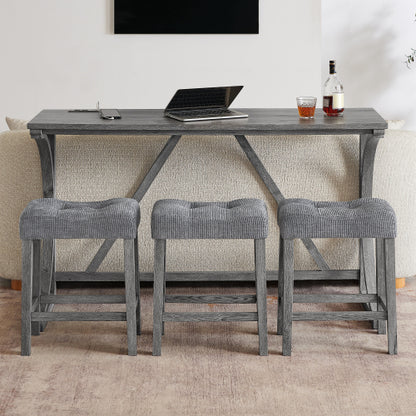 59 Inch Industrial Wood Bar Table Set with Charging Station, 4-Piece Brown Linen Upholstered Stools Dining Set