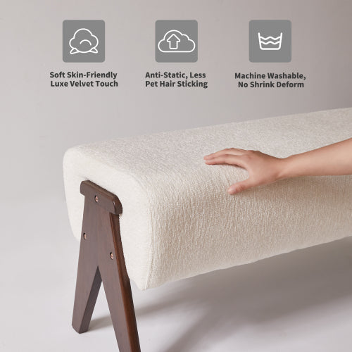 Cream Chenille Upholstered Ottoman Bench, Solid Wood V-Shaped Leg Entryway Shoe Bench for Bedroom & Foyer