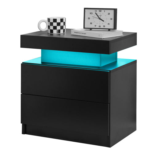 Nightstand LED Bedside Table Cabinet Lights Modern End Side with 2 Drawers for Bedroom (Black)