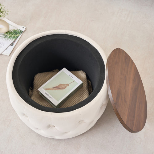 Beige 2-Piece Velvet Nesting Storage Ottoman Set, 4-in-1 Round Foot Stool with Wood Tray, Fully Assembled