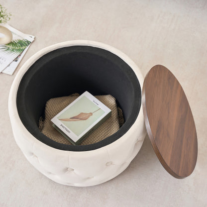Beige 2-Piece Velvet Nesting Storage Ottoman Set, 4-in-1 Round Foot Stool with Wood Tray, Fully Assembled