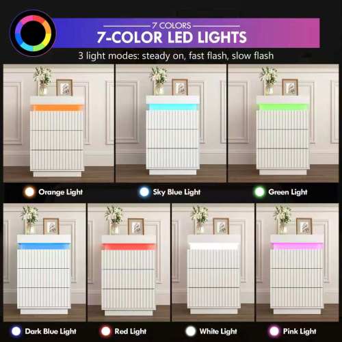 2 Pack White Nightstand, Sliding Top Charging Station & RGB LED Wave Panel Drawers