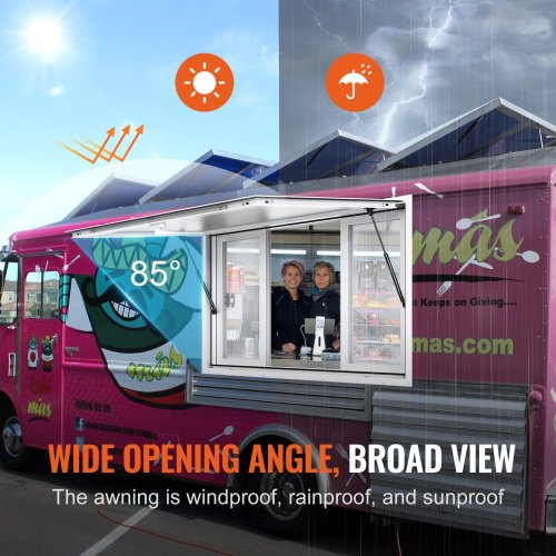 Concession Window 53"x33", Aluminum Alloy Food Truck Service Window with 4 Horizontal Sliding Windows & Awning Door & Drag Hook, Up to 85 Degrees Serving Window for Food Truck Concession Trailer
