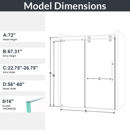 56"-60"W x 72"H Frameless Single Sliding Shower Door – 5/16" (8mm) Clear Tempered Glass, Bypass Design with Brushed Gold Finish