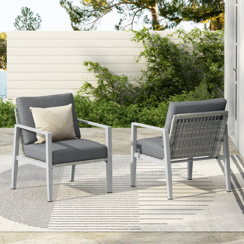 [Set of 2] Silver Aluminum Lounge Chair with Sleek Rope Accents and Comfortable Cushions, Perfect for Modern Outdoor and Indoor Spaces