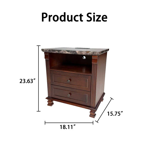 Walnut Tall Nightstand with Charging Station, Marble Grain 2-Drawer Bedside Table for Bedroom & Living Room