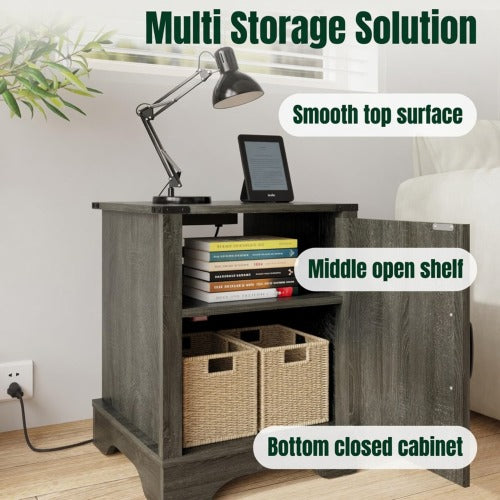 16inch Dark Grey Farmhouse Nightstand with Charger