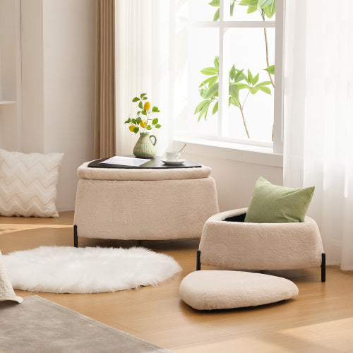 29.9 Inch Light Camel 2-Piece Nesting Faux Fur Storage Ottoman Set, Reversible Tray Lid Footstool with Metal Legs, 275 LBS
