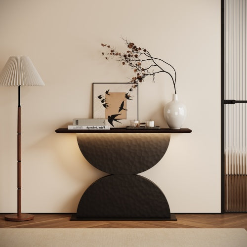 47 inchDouble Semi-Circles 3d Hammer-Shaped Texture Base Wood Console Table With Led Light Entryway Table Modern Console Table,Sofa Console Tables For Living Room