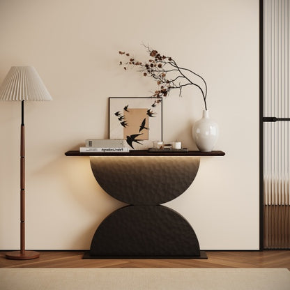 47 inchDouble Semi-Circles 3d Hammer-Shaped Texture Base Wood Console Table With Led Light Entryway Table Modern Console Table,Sofa Console Tables For Living Room