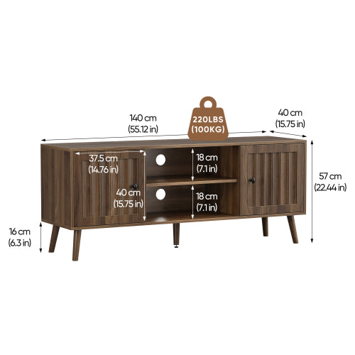 55 Inch Walnut Vertical Fluted Door Mid-Century TV Stand Adjustable Shelf Media Console Cabinet