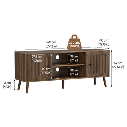 55 Inch Walnut Vertical Fluted Door Mid-Century TV Stand Adjustable Shelf Media Console Cabinet