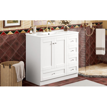 36 inch Shaker Style Free-Standing Bathroom Vanity Cabinet with Ceramic Sink, 4 Soft-close Drawers and 2 Soft-close doors