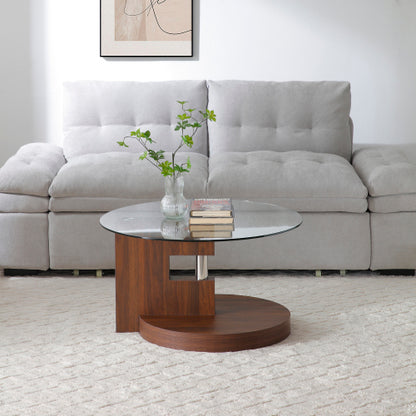 Double-Layer Round Coffee Table, Glass Top & Walnut MDF Legs, 220lbs Capacity