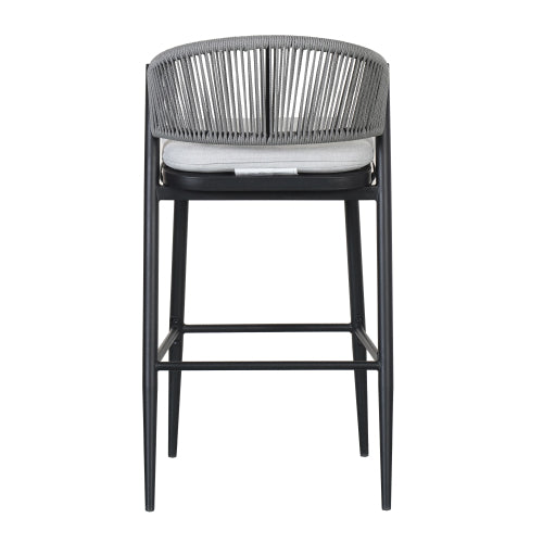Outdoor 30.25" Seat Height Metal Frame Barstools with PE Rattan Scallop-shaped Backrest, Set of 2, Matte Black