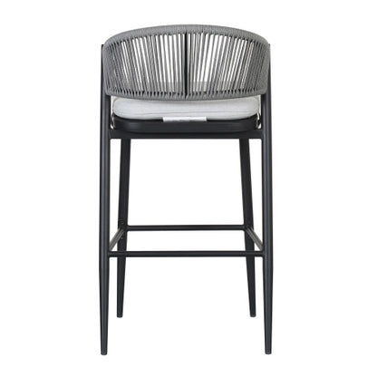 Outdoor 30.25" Seat Height Metal Frame Barstools with PE Rattan Scallop-shaped Backrest, Set of 2, Matte Black