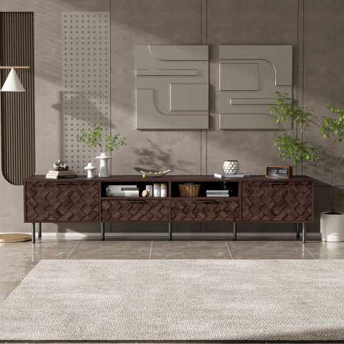 78.7 inch Walnut 3D Diamond Texture TV Stand Heavy Iron Leg Media Console Fits 85 inch TV