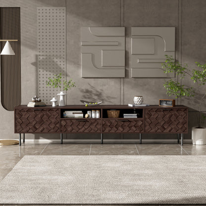 78.7 inch Walnut 3D Diamond Texture TV Stand Heavy Iron Leg Media Console Fits 85 inch TV