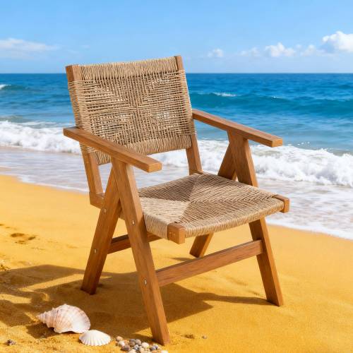 Lounge chair teak color, suitable for all seasons: Outdoor lounge chair, made of sturdy HIPS material, equipped with 304 stainless steel accessories.