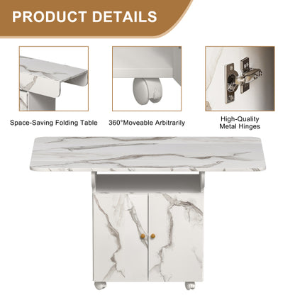 Folding Dining Table with Storage Cabinet Wheels and Marble Finish White