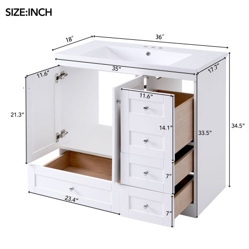 36 inch Shaker Style Free-Standing Bathroom Vanity Cabinet with Ceramic Sink, 4 Soft-close Drawers and 2 Soft-close doors