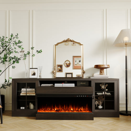 3-Sided Farmhouse Electric Fireplace TV Stand for TVs up to 75'', Entertainment Center with Glass Door Storage Cabinet, 60'' Large TV Stands with 30''Fireplace, Brown