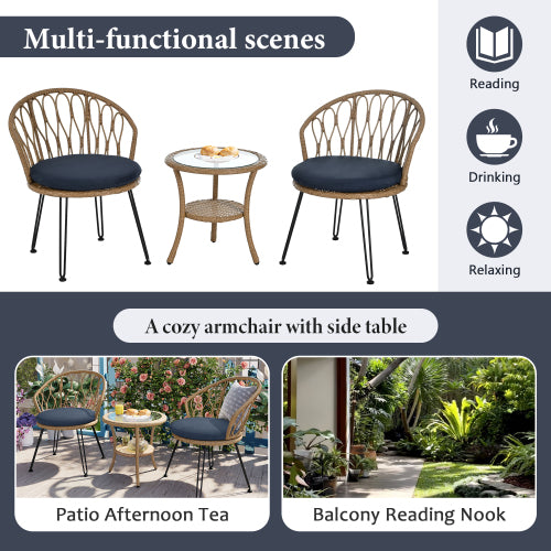 U_STYLE Outdoor Leisure Set, 2 Rattan Single Chairs with A Glass Round Table, Perfectly Suited for Patios, Balconies, and Courtyards