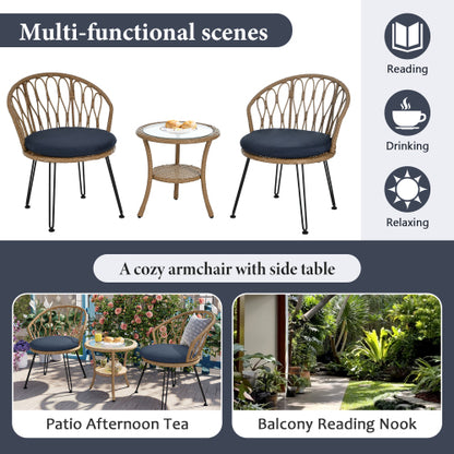 U_STYLE Outdoor Leisure Set, 2 Rattan Single Chairs with A Glass Round Table, Perfectly Suited for Patios, Balconies, and Courtyards