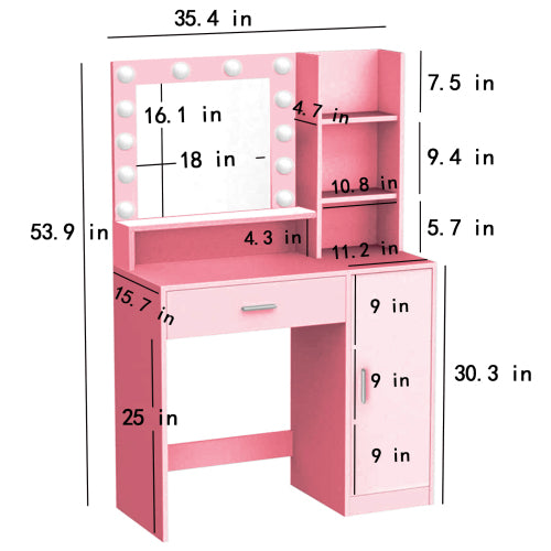 Pink Vanity Desk with Mirror & Light, 12 LED Bulbs, Large Drawer, 3 Shelves & 3-Level Cabinets, 3 Lighting Modes