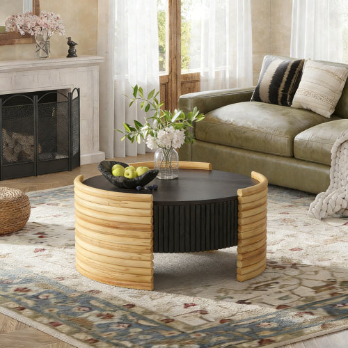 31.5inch  Round Flip-Top Coffee Table, Colorblock Striped MDF with Wood Veneer