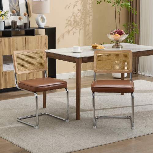 Set of 2 Mid-Century Cane Rattan Dining Chairs, Solid Wood Frame, Olive Faux Leather Seat, Cantilever Chrome Metal Base