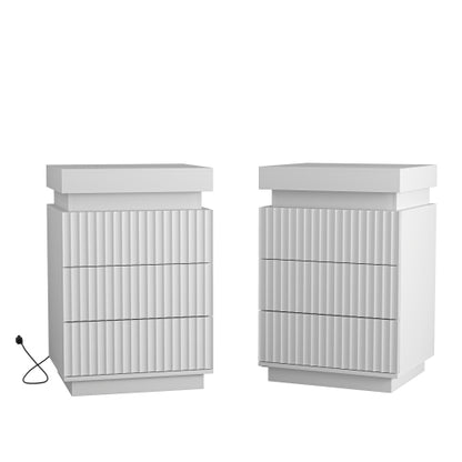 2 Pack White Nightstand, Sliding Top Charging Station & RGB LED Wave Panel Drawers