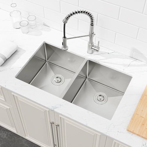 33"x19" Embedded Double Bowl Kitchen Sink, Undermount Handmade Sink in Brushed (Sink only)