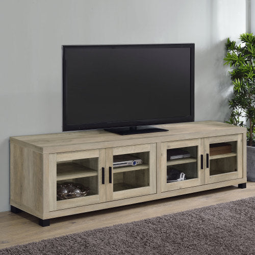 Distressed Pine 79 Inch Farmhouse Media Console, 4 Glass Door TV Stand Fits 85 Inch TV