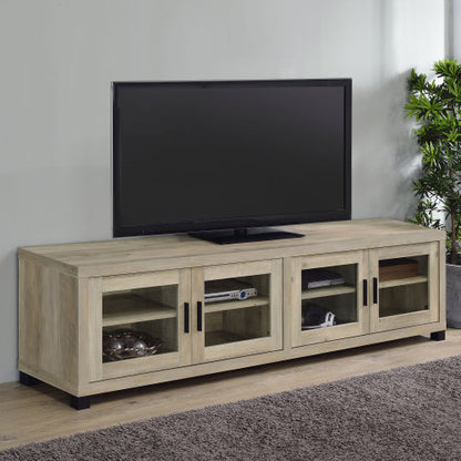 Distressed Pine 79 Inch Farmhouse Media Console, 4 Glass Door TV Stand Fits 85 Inch TV