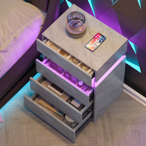 Grey 4-Drawer LED Nightstand with Adjustable Lights