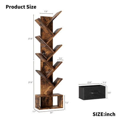 Rustic Brown 9-Tier Tree-Shaped Bookshelf with Drawer, MDF Vertical Storage Rack 15¡Á7.7¡Á55.5 Inch