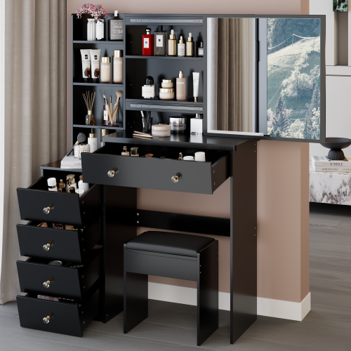 37inch  Middle Size Left Bedside Cabinet Vanity Table + Cushioned Stool, Extra Large Right sliding mirror, Multi Layer High Capacity Storage, Practical Fashionable Dresser, Suitable For Middle Space