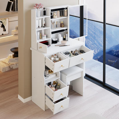 29.2" Small Size Left Drawer Desktop Vanity Table + Cushioned Stool, Extra Large Right sliding mirror, Multi Layer High Capacity Storage, Practical Fashionable Dresser, Suitable For Small Space