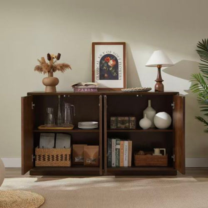 4 Door Accent Cabinet with Carved Wood Doors Adjustable Shelves and Cable Management