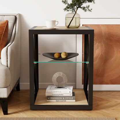 1 piece Modern End Table Nightstand for Bedroom & Living Room, Tempered Glass&Natural Wood MDF Top , Industrial Style Side Table