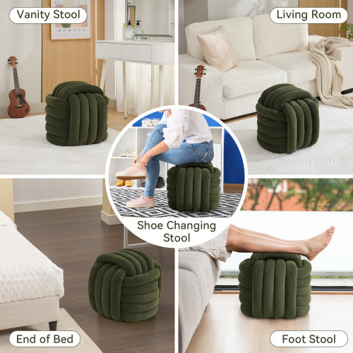 Green Chenille Knot Design Ottoman, Wooden Frame Foot Stool 19.29 inch, 250 LBS Fully Assembled
