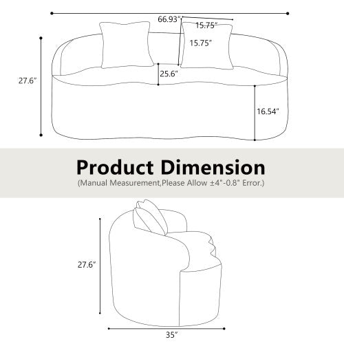 White Curved Compression Loveseat Sofa with 2 Pillows, No Assembly