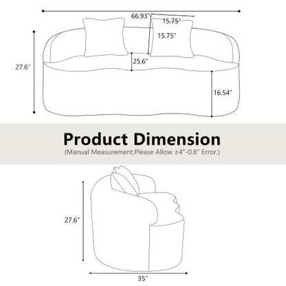 White Curved Compression Loveseat Sofa with 2 Pillows, No Assembly