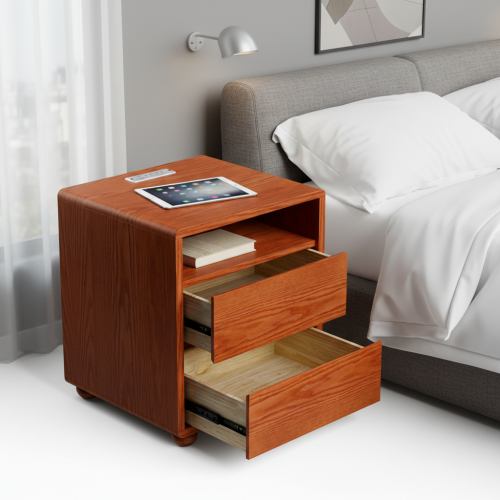 20inch Modern Nightstand with 2 Drawers And Shelves Solid Wood Night Stand with Charger Station Mid Century Bedside Table Curved Wood Side Table-Walnut