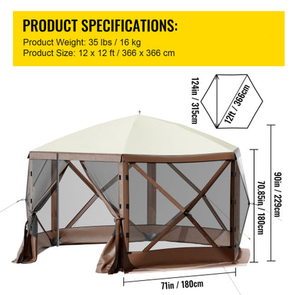 Camping Gazebo Screen Tent, 12*12ft, 6 Sided Pop-up Canopy Shelter Tent with Mesh Windows, Portable Carry Bag, Stakes, Large Shade Tents for Outdoor Camping, Lawn and Backyard, Brown/Beige