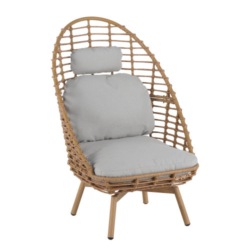 Ellis Outdoor Wicker High-back Swivel Lounge Chair, Teak Finished Leg, Light Brown Faux Rattan and Beige Cushion