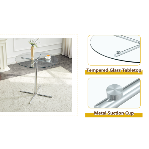 Round glass bar high table, 36 inch round bar table, tempered glass tabletop, sturdy silver chrome plated four column support, suitable for transparent round bar tables in small spaces, kitchens